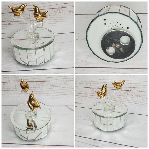 Gold-Tone Bird Figurines on Mirrored Rotating Base | Elegant Decorative Piece - Picture 2 of 12